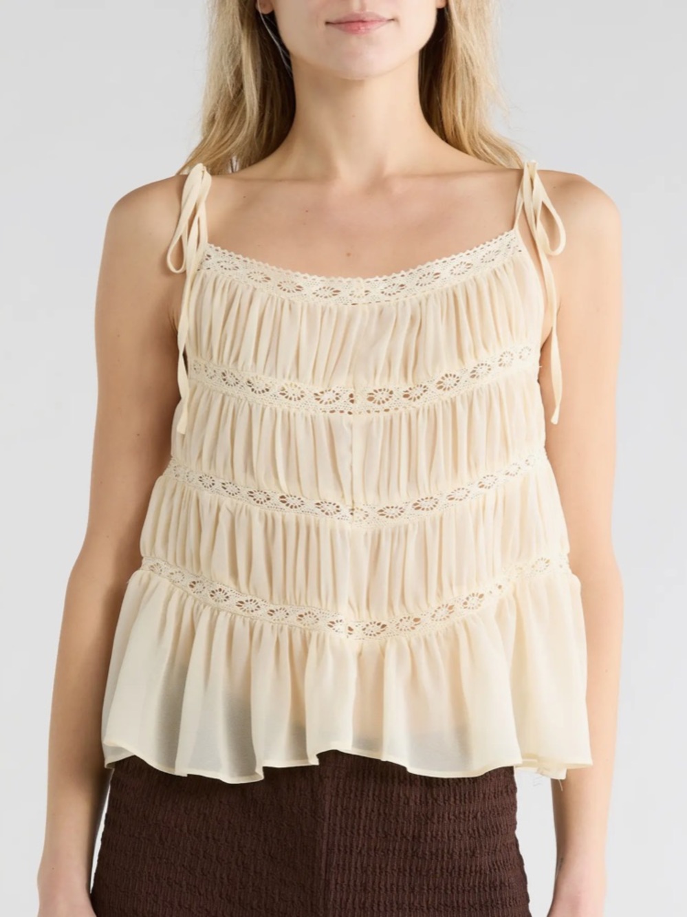 VIGOSS Cream Lace-Trim Chiffon Tie-Strap camisole Tank
